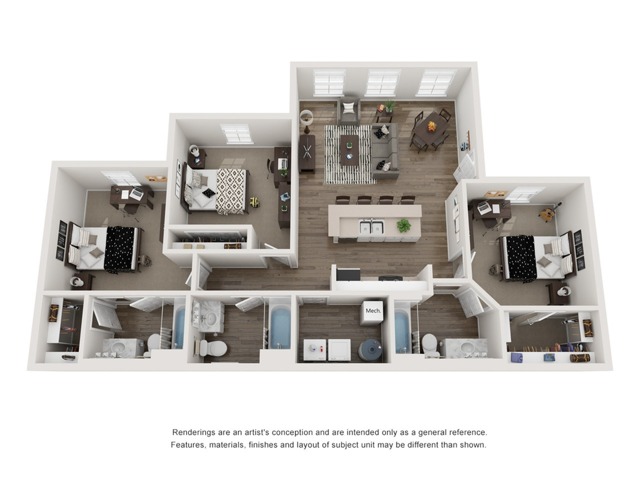 A 3D image of the 3BR/3BA – A1 floorplan, a 1215 squarefoot, 3 bed / 3 bath unit