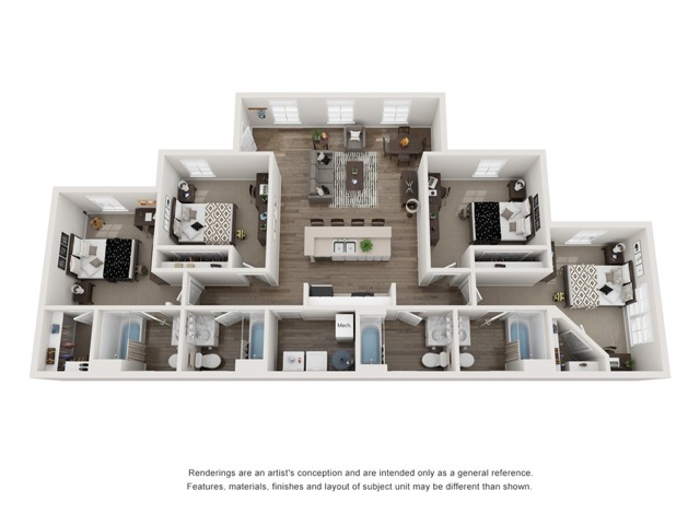 A 3D image of the 4BR/4BA – A1 floorplan, a 1448 squarefoot, 4 bed / 4 bath unit