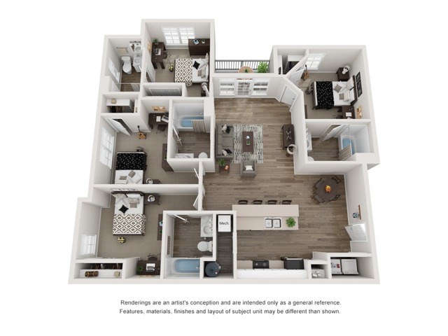 A 3D image of the 4BR/4BA – B1 floorplan, a 1398 squarefoot, 4 bed / 4 bath unit