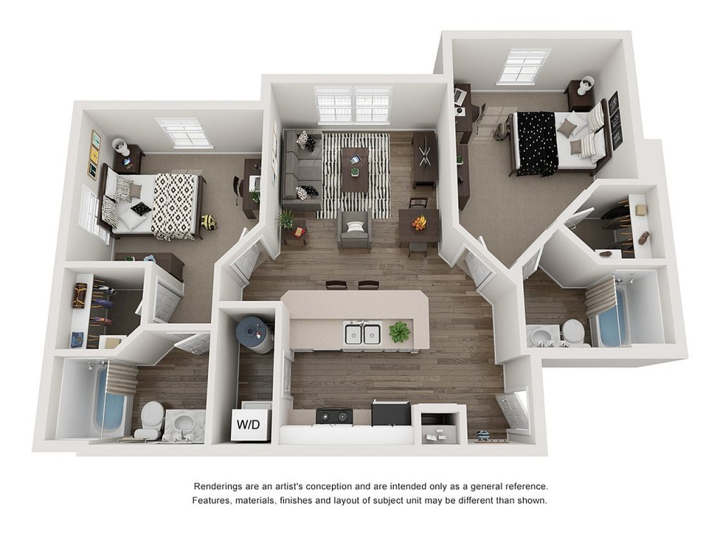 A 3D image of the 2BR/2BA – A1 – ELITE floorplan, a 904 squarefoot, 2 bed / 2 bath unit