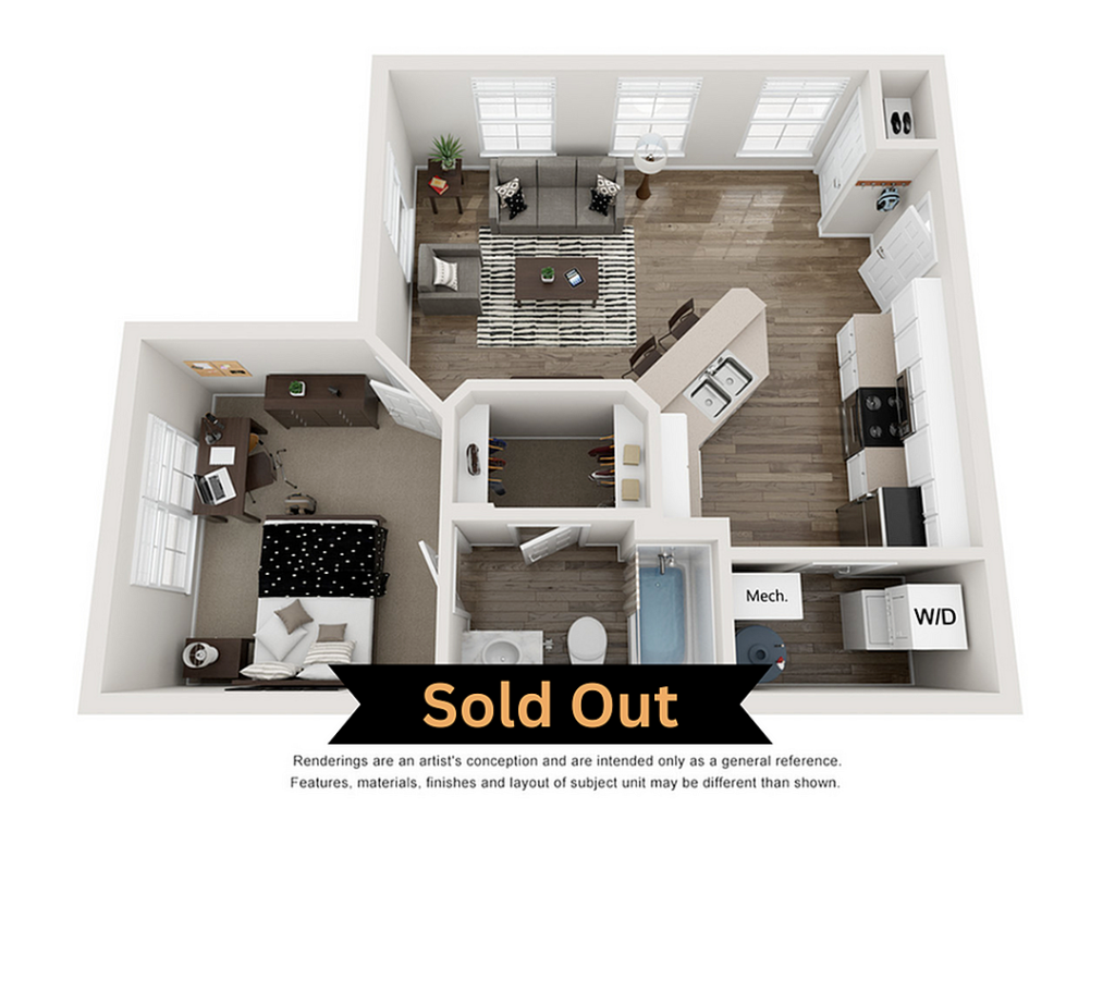 A 3D image of the 1BR/1BA – A1 floorplan, a 583 squarefoot, 1 bed / 1 bath unit