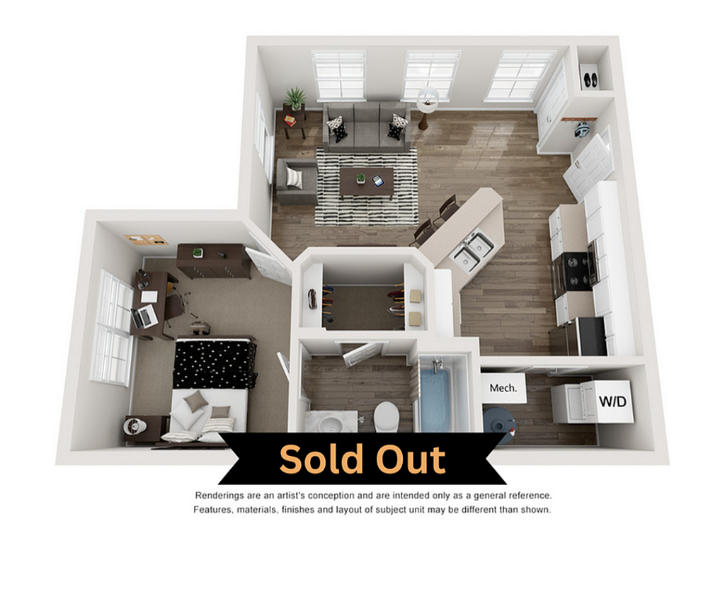 A 3D image of the 1BR/1BA – A1 – ELITE floorplan, a 583 squarefoot, 1 bed / 1 bath unit