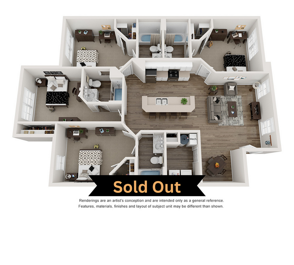 A 3D image of the 2BR/2BA – A1 floorplan, a 904 squarefoot, 2 bed / 2 bath unit