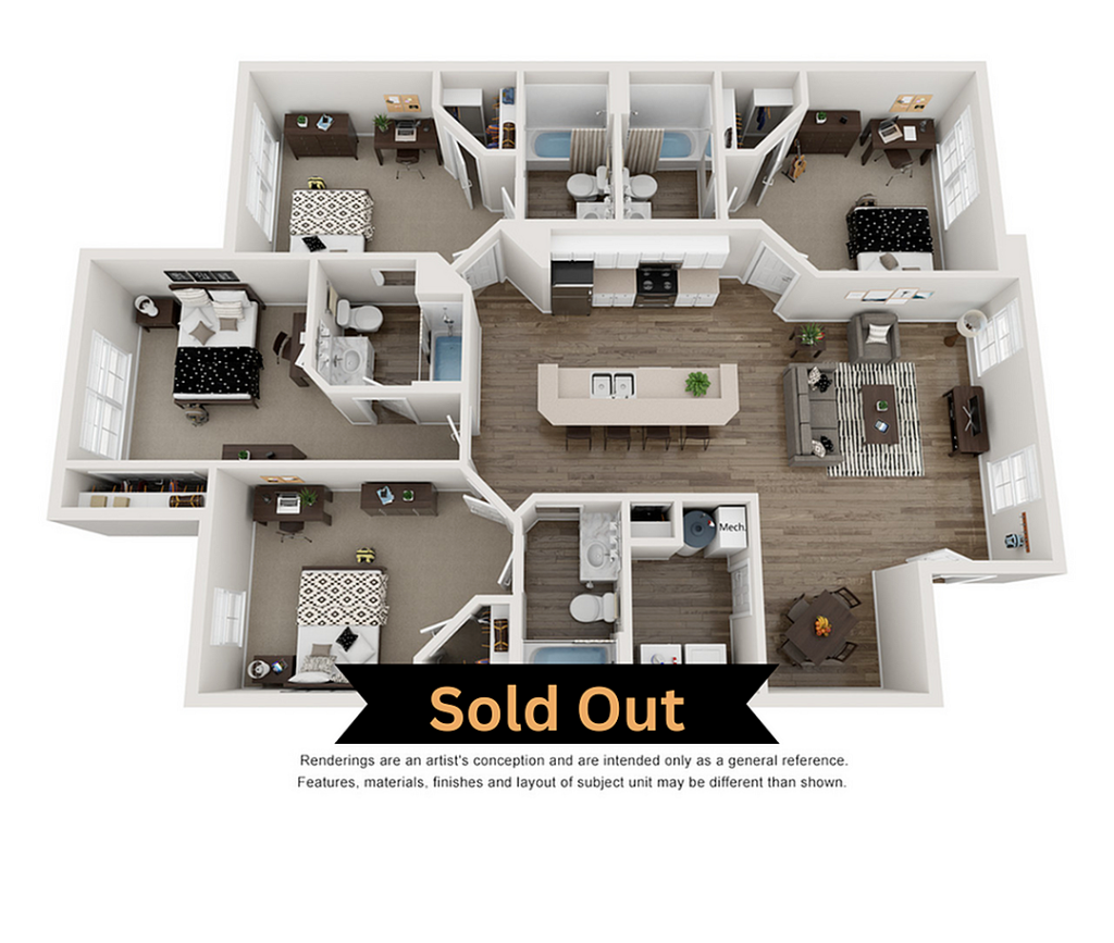 A 3D image of the 4BR/4BA – C1 floorplan, a 1520 squarefoot, 4 bed / 4 bath unit