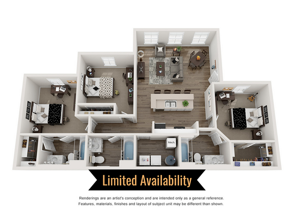 A 3D image of the 3BR/3BA – A1 floorplan, a 1215 squarefoot, 3 bed / 3 bath unit