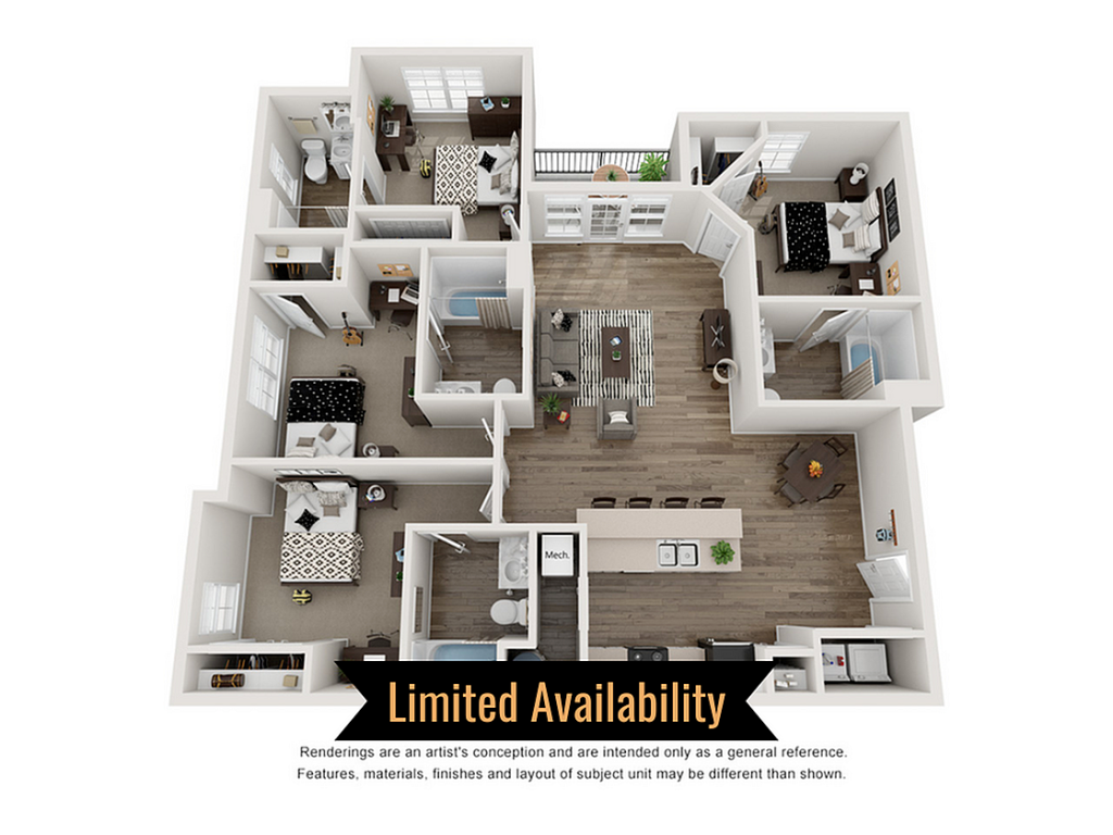 A 3D image of the 4BR/4BA – B1 floorplan, a 1398 squarefoot, 4 bed / 4 bath unit