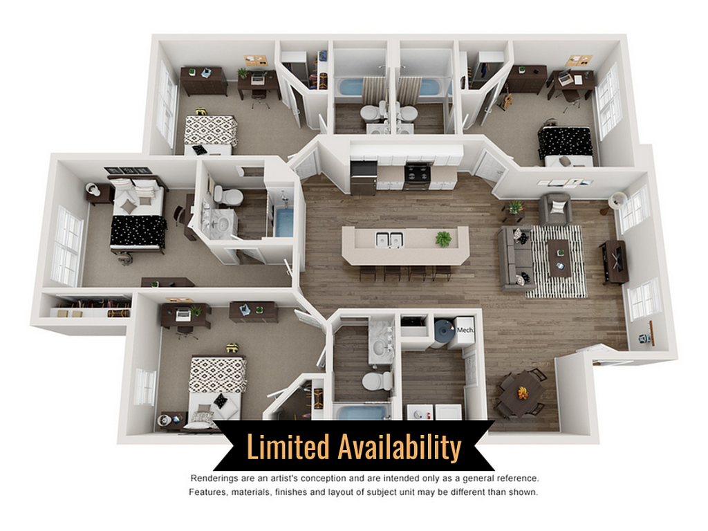 A 3D image of the 4BR/4BA – C1 floorplan, a 1520 squarefoot, 4 bed / 4 bath unit