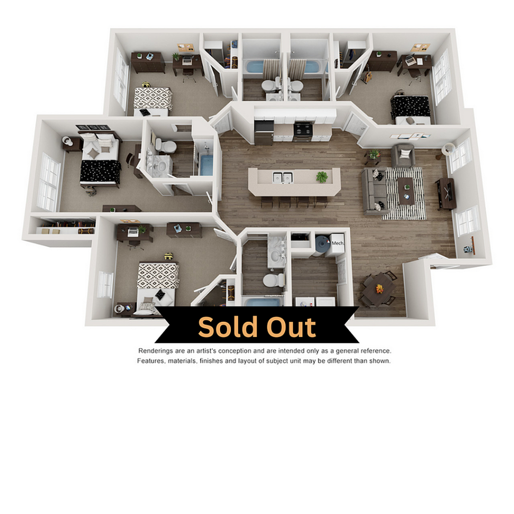 A 3D image of the 4BR/4BA – C1 floorplan, a 1520 squarefoot, 4 bed / 4 bath unit