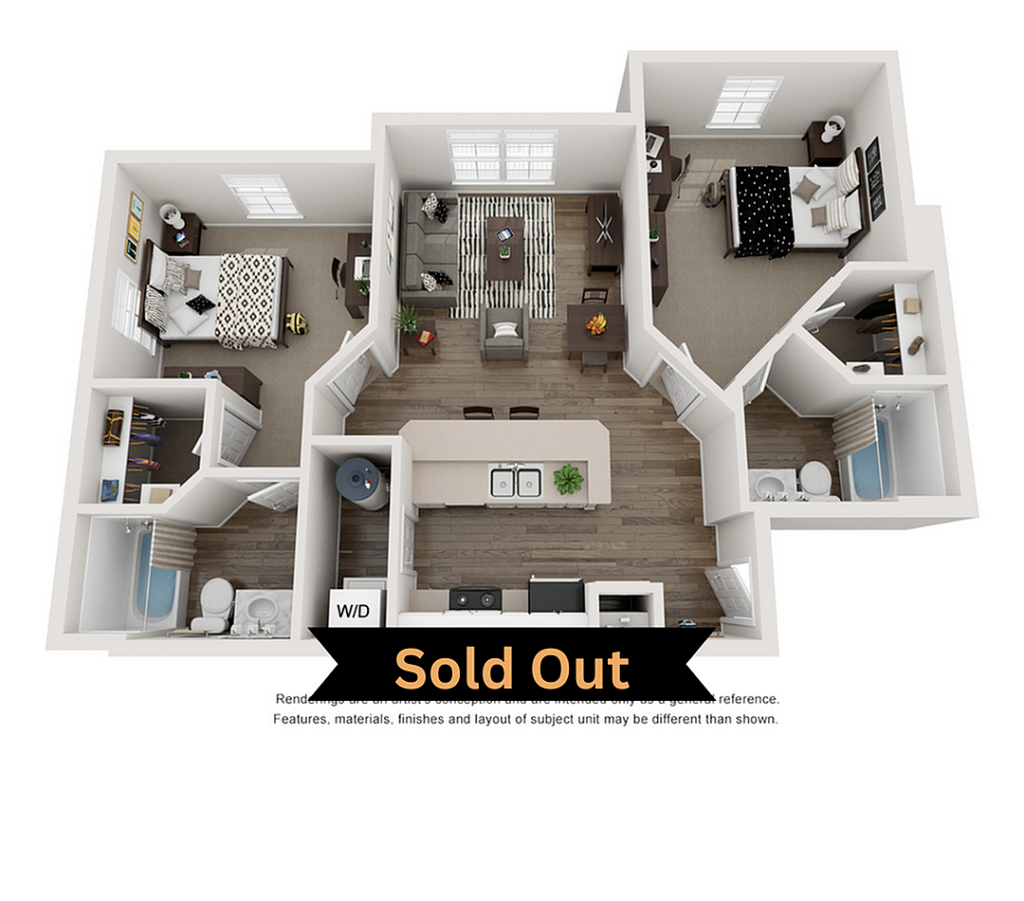 A 3D image of the 2BR/2BA – A1 – ELITE floorplan, a 904 squarefoot, 2 bed / 2 bath unit