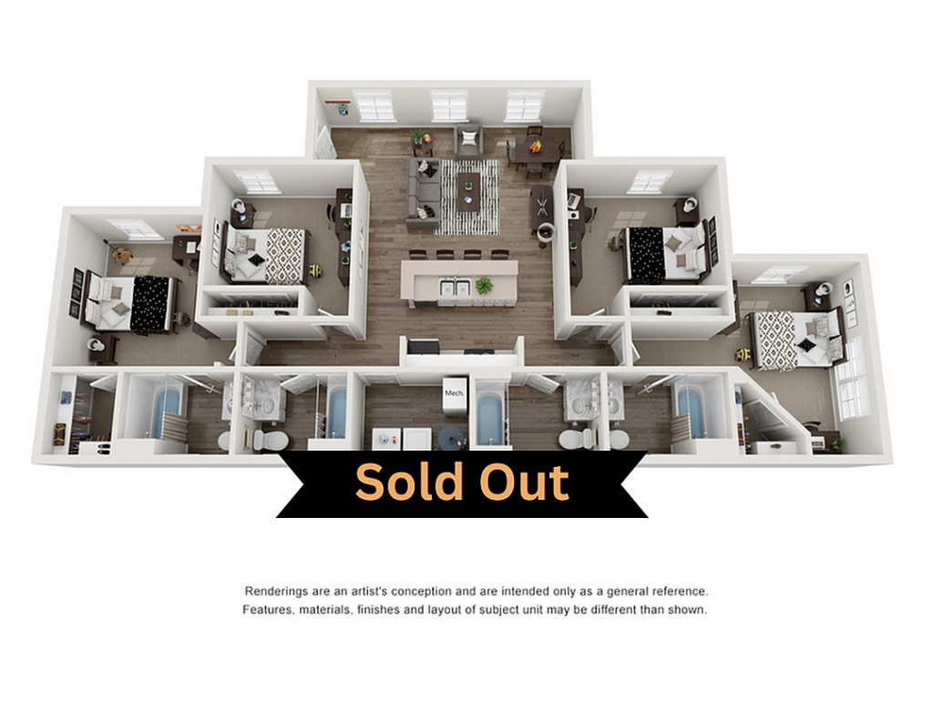 A 3D image of the 4BR/4BA – A1 floorplan, a 1448 squarefoot, 4 bed / 4 bath unit