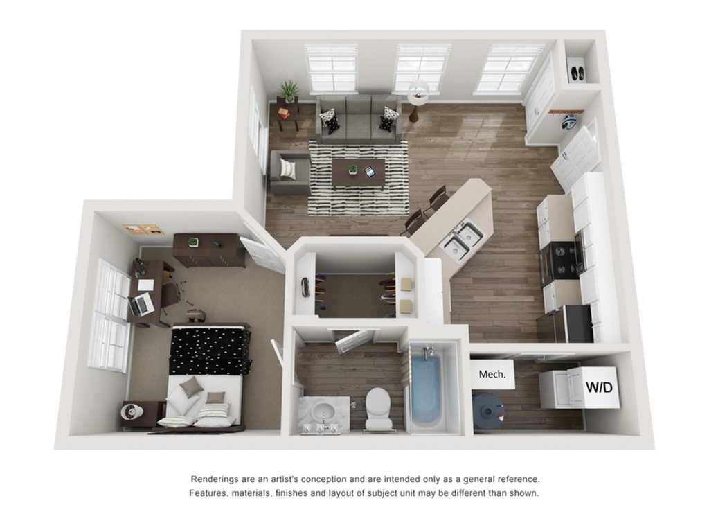 A 3D image of the 1BR/1BA – A1 – ELITE floorplan, a 583 squarefoot, 1 bed / 1 bath unit
