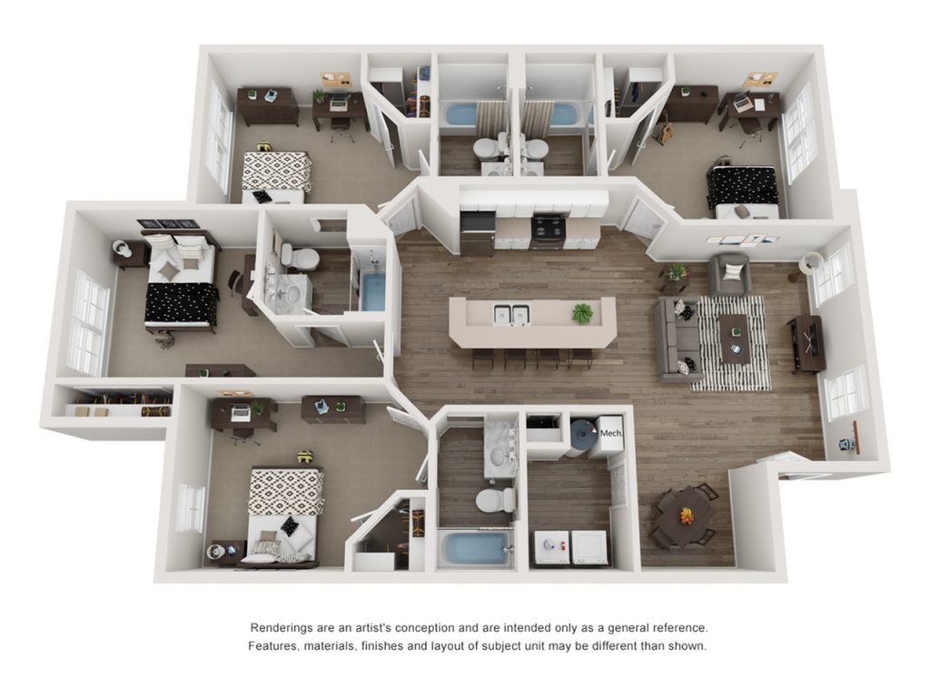 A 3D image of the 4BR/4BA – C1 floorplan, a 1520 squarefoot, 4 bed / 4 bath unit