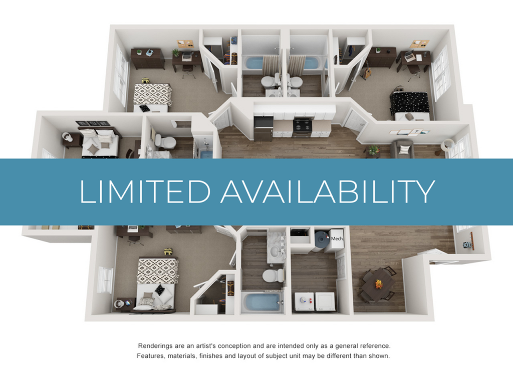 A 3D image of the 4BR/4BA – C1 floorplan, a 1520 squarefoot, 4 bed / 4 bath unit