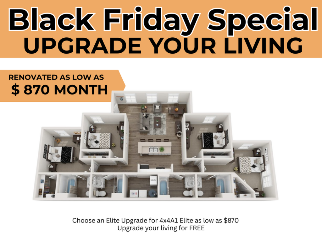 A 3D image of the 4BR/4BA – A1 – ELITE floorplan, a 1448 squarefoot, 4 bed / 4 bath unit