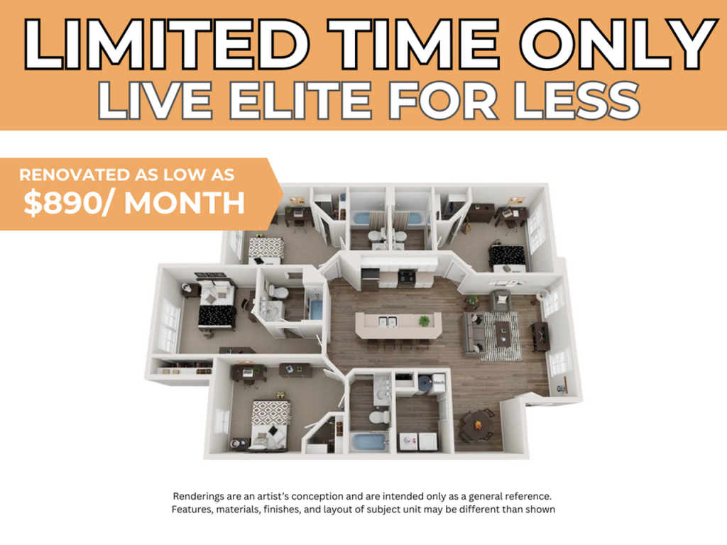 A 3D image of the 4BR/4BA – B1 – ELITE floorplan, a 1398 squarefoot, 4 bed / 4 bath unit