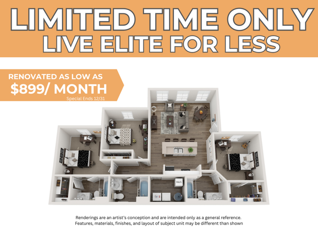 A 3D image of the 3BR/3BA – A1 – ELITE floorplan, a 1215 squarefoot, 3 bed / 3 bath unit