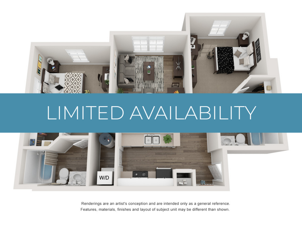 A 3D image of the 2BR/2BA – A1 floorplan, a 904 squarefoot, 2 bed / 2 bath unit